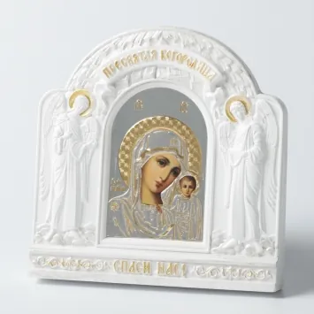 Sculptural composition with photo image (plaster) Kazan Mother of God