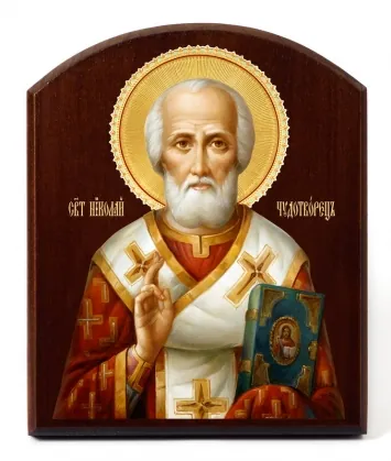 Icon on board 10×12 3D print, arched, varnish Nicholas the Wonderworker 3