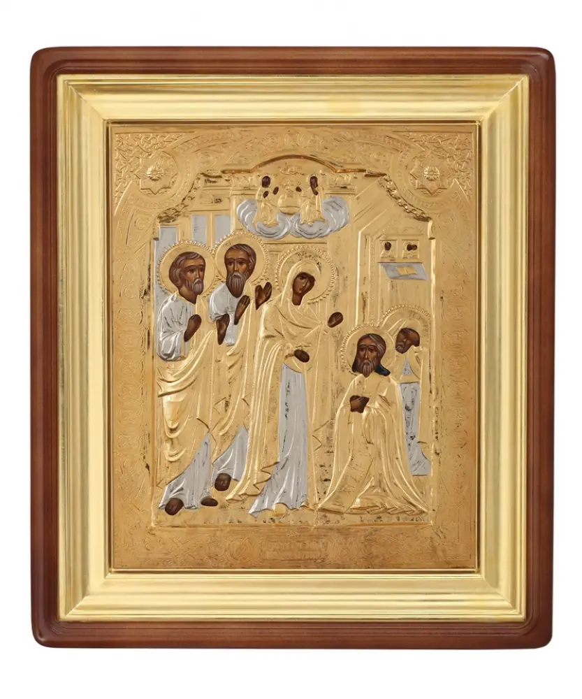 Painted icon in icon case 22×26 oil, riza cover №52, icon case №1 Apparition Most Holy b-to to Sergius of Radonezh