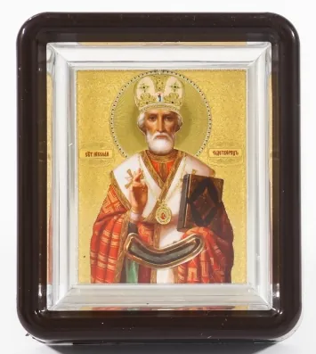 Icon in plastic frame 6×7 metallised Nicholas the Wonderworker (recessed field)