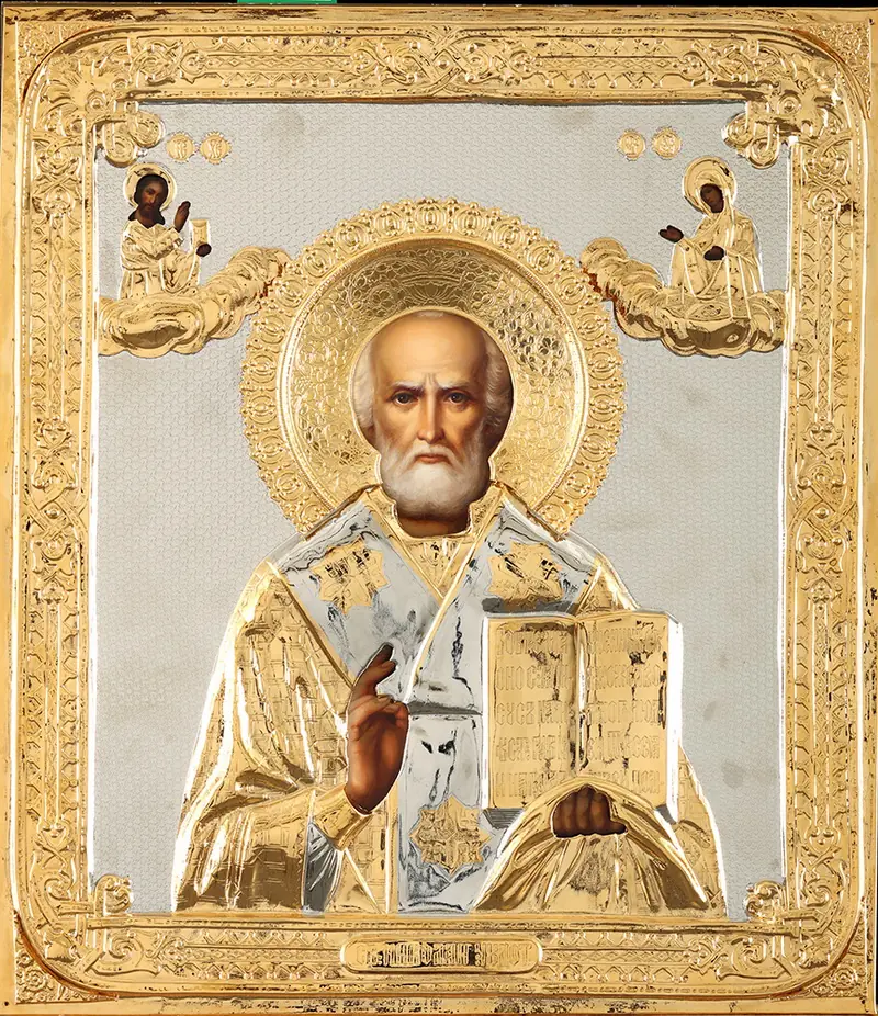 Painted icon of St Nicholas the Wonderworker 30×40, oil, riza cover №254, gilding