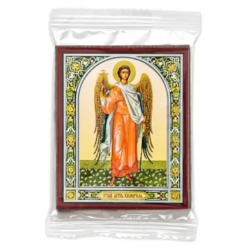 Icon on wooden panel 6×9 double embossing, annotation, packaging Guardian Angel (full-length) №3