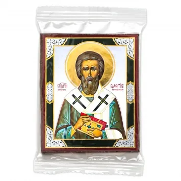 Icon on wooden panel 6×9 double embossing, annotation, packaging Valentine of Interamna