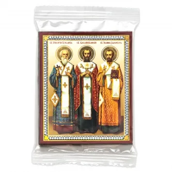 Icon on wooden panel 6×9 double embossing, annotation, packaging John Basil Gregory, Hierarchs 2
