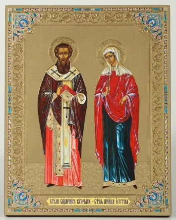 Icon on wooden panel 21×32 chipboard blind embossing, packaging Cyprian and Justina