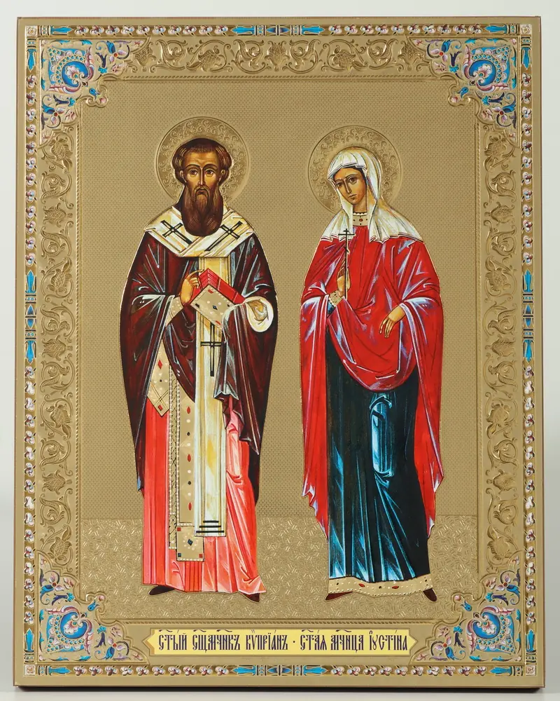 Icon on wooden panel 21×32 chipboard blind embossing, packaging Cyprian and Justina