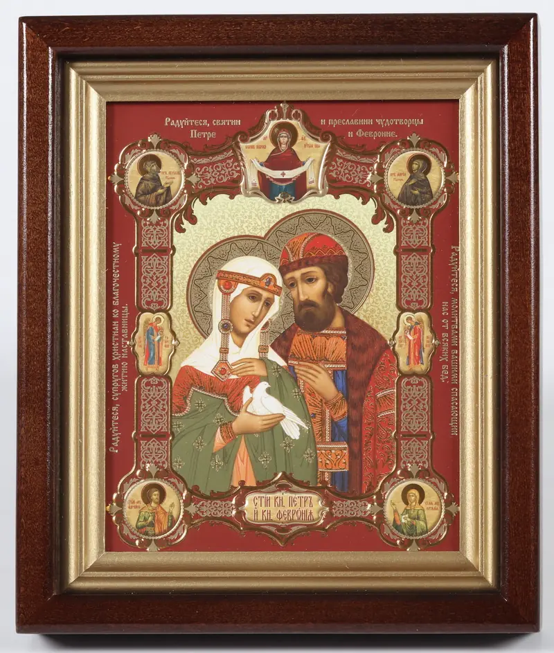 ხატი კიოტში 13×18 რთული, რელიეფური ტვიფრი, ფირი პეტრე და ფევრონია №7 ცხოვრების სცენებით