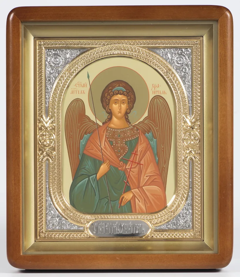 Icon in icon case 18×24 shaped, tempera, 3D riza frame, open, gilded, nickel plating Guardian Angel