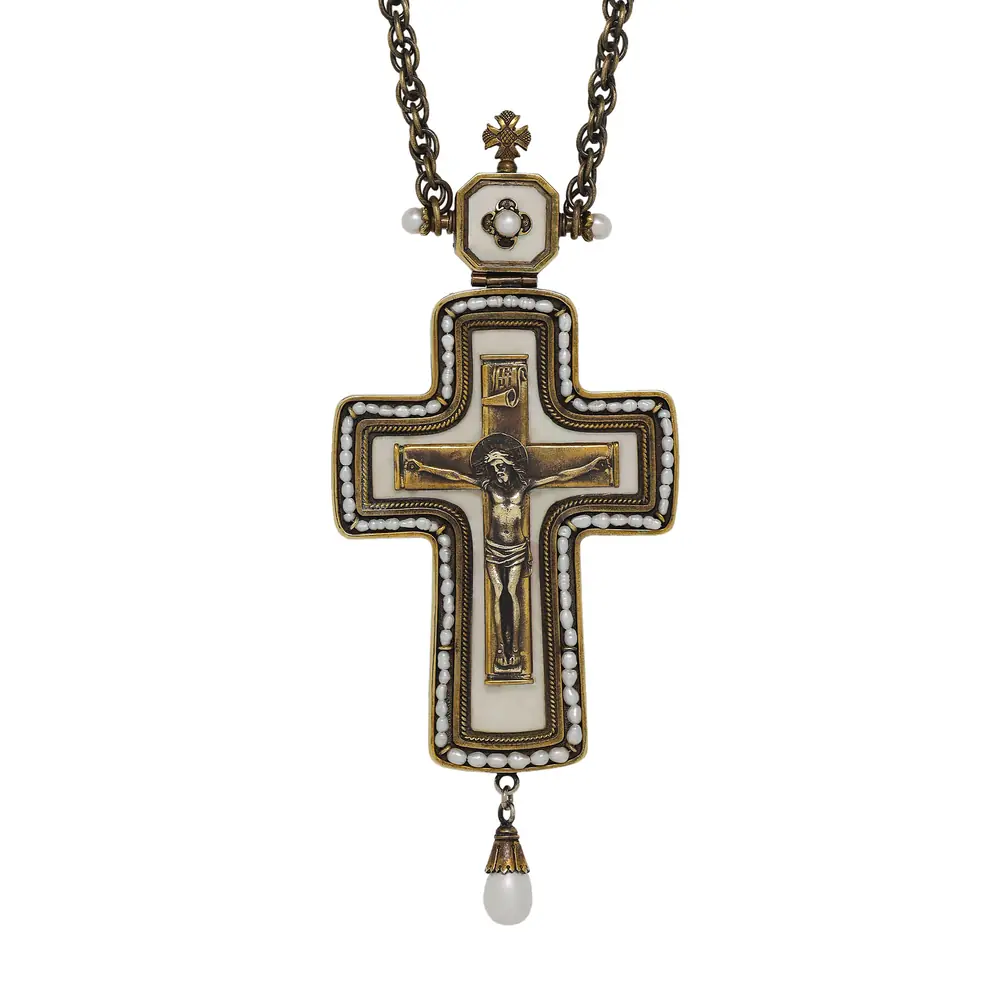 Pectoral cross №185 cast Crucifixion, mother-of-pearl / patination