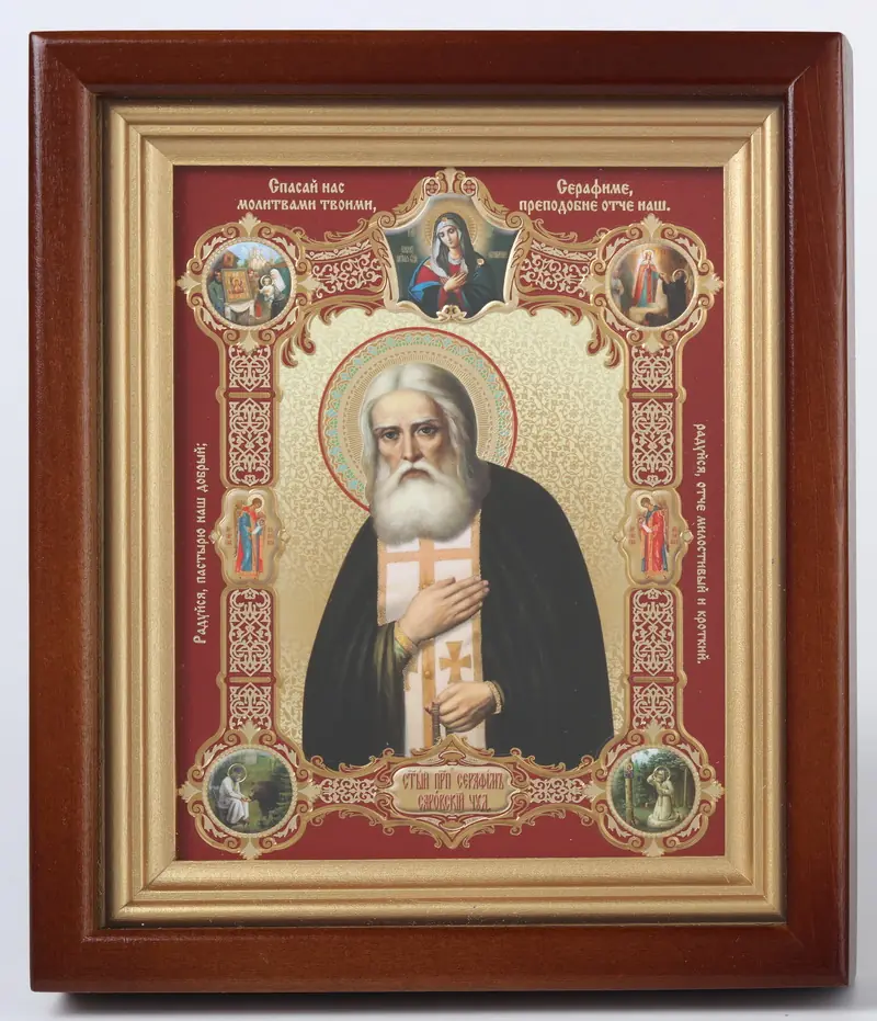 Icon in icon case 13×18 complex, blind embossing, film Seraphim of Sarov with Life scenes