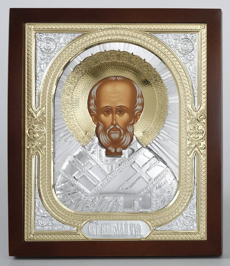 ხატი კიოტში 18×24 ფიგურული №2 ტემპერა, ქვეჩარჩოს გარეშე, მოცულობითი მოჭედილობა №1 ნიკოლოზ საკვირველთმოქმედი