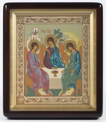 Icon in icon case 18×24 shaped, tempera, gilded frame Trinity (Rublev)