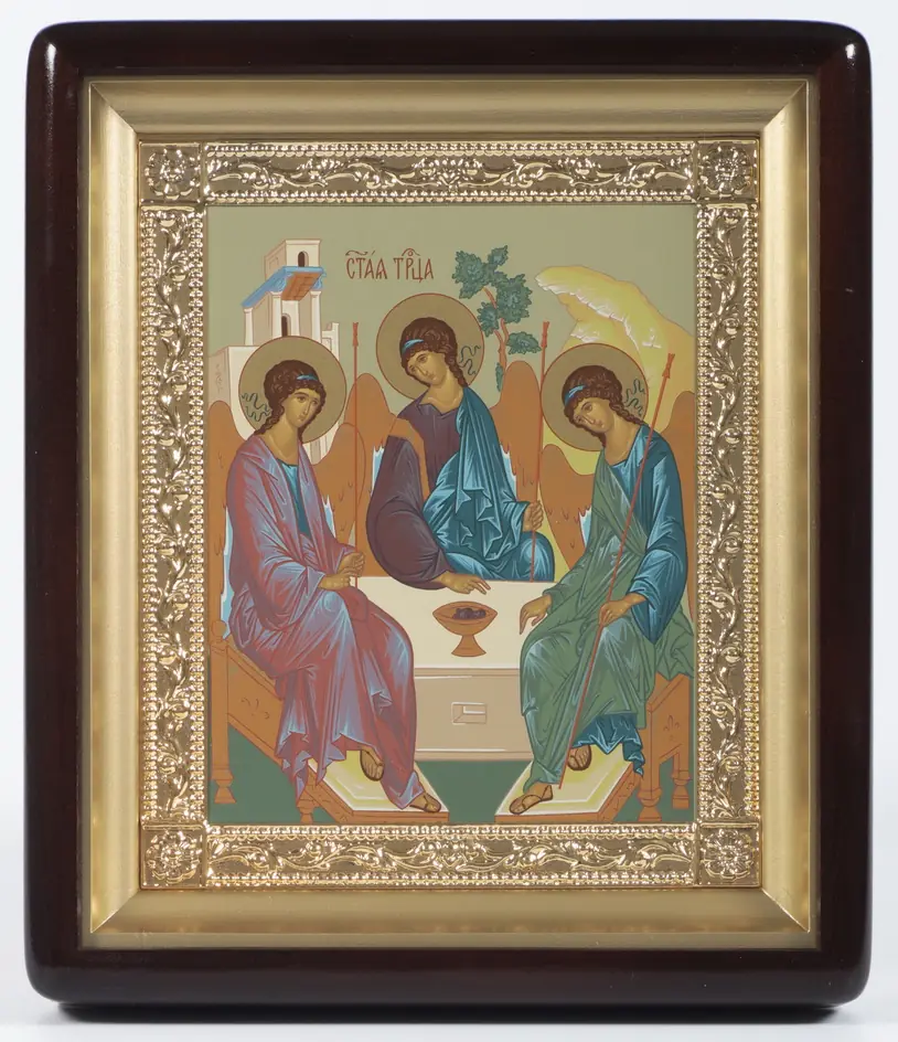 ხატი კიოტში 18×24 ფიგურული, ტემპერა, მოოქროვილი ჩარჩო სამება (რუბლიოვის)
