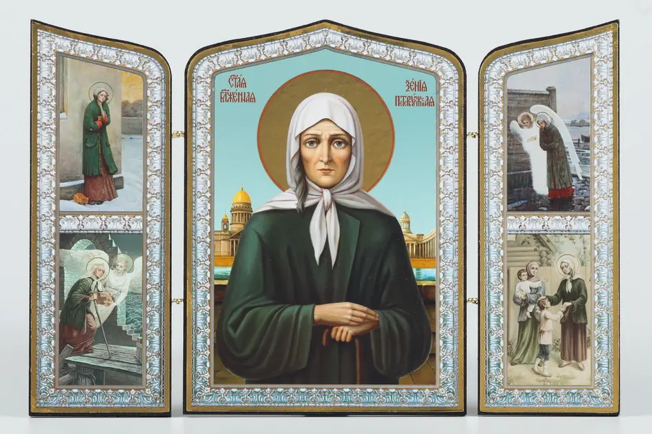 Wooden folding icons 19×28 three-leaf, double embossing, shaped, in packaging Xenia of St Petersburg Blessed