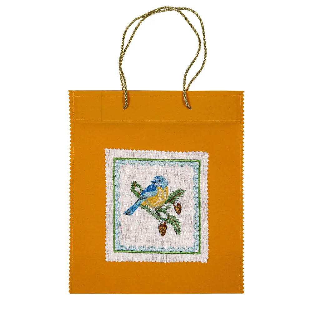 Bag №2 for Christmas gifts with machine embroidery 21×25 №4, yellow