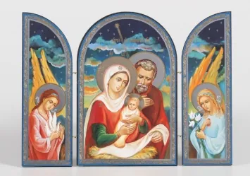 Wooden folding icons 18×24 three-leaf, double embossing, arched, in packaging Nativity of Christ 3