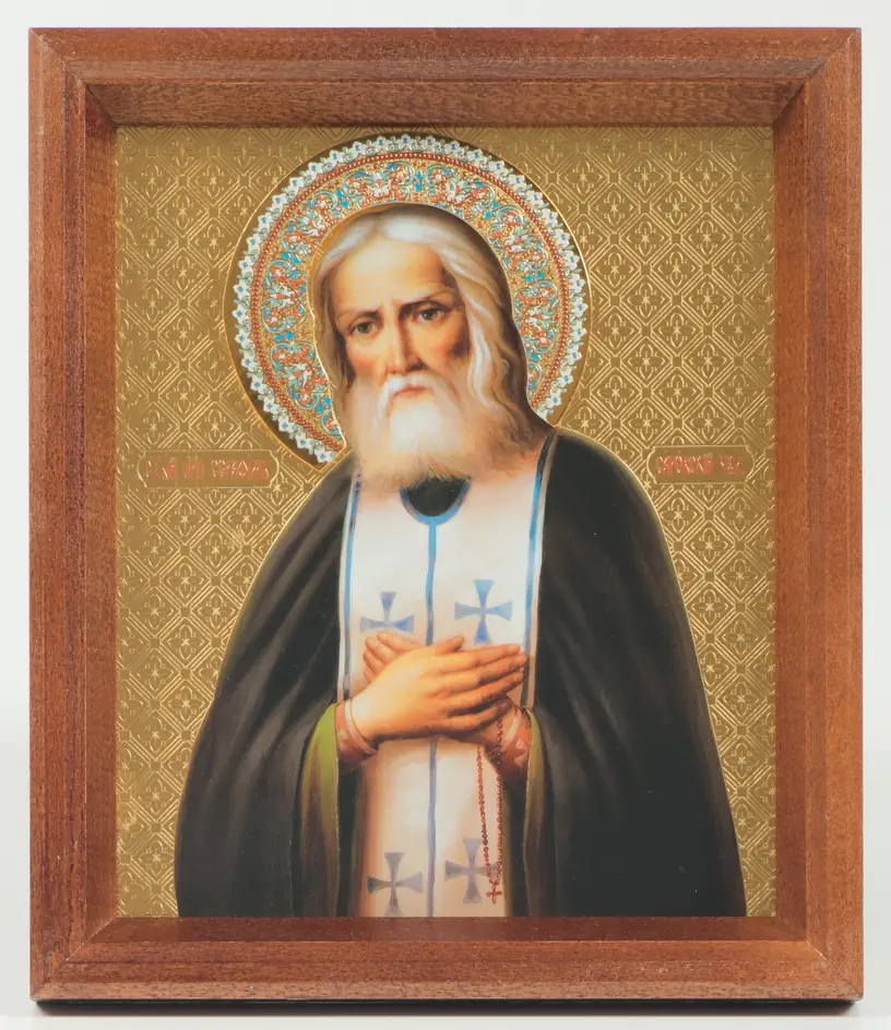 Icon in wooden frame №1 13×15 embossing with halo crown Seraphim of Sarov