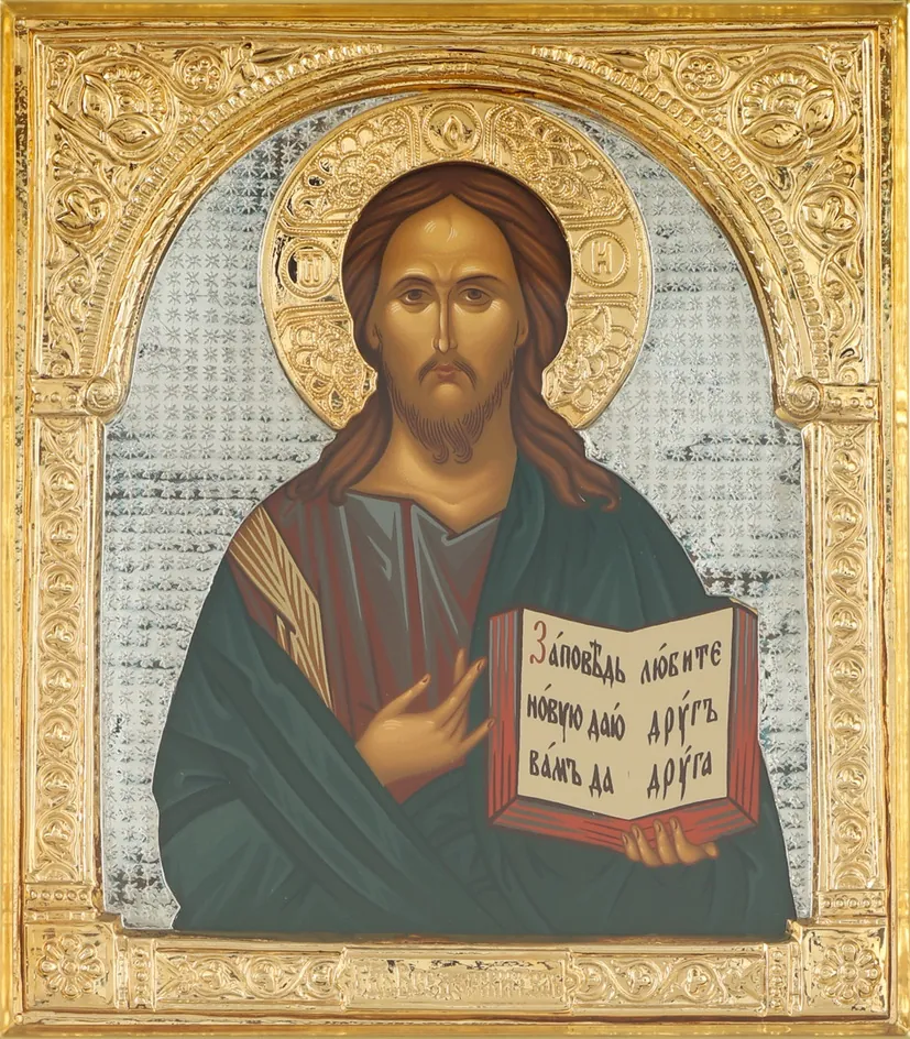 Painted icon of the Saviour 24×30, tempera, riza cover №34, gilding