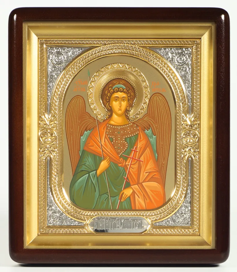 ხატი კიოტში 18×24 ფიგურული, ტემპერა №8, გვირგვინი, მოცულობითი მოჭედილობა-ჩარჩო, ღია, მოოქროვება მფარველი ანგელოზი