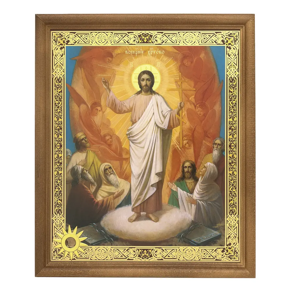 Икона в деревянной рамке №1 18х24 двойное тиснение, БЗГ, мощевик-звезда, упаковка Воскресение Христово 58