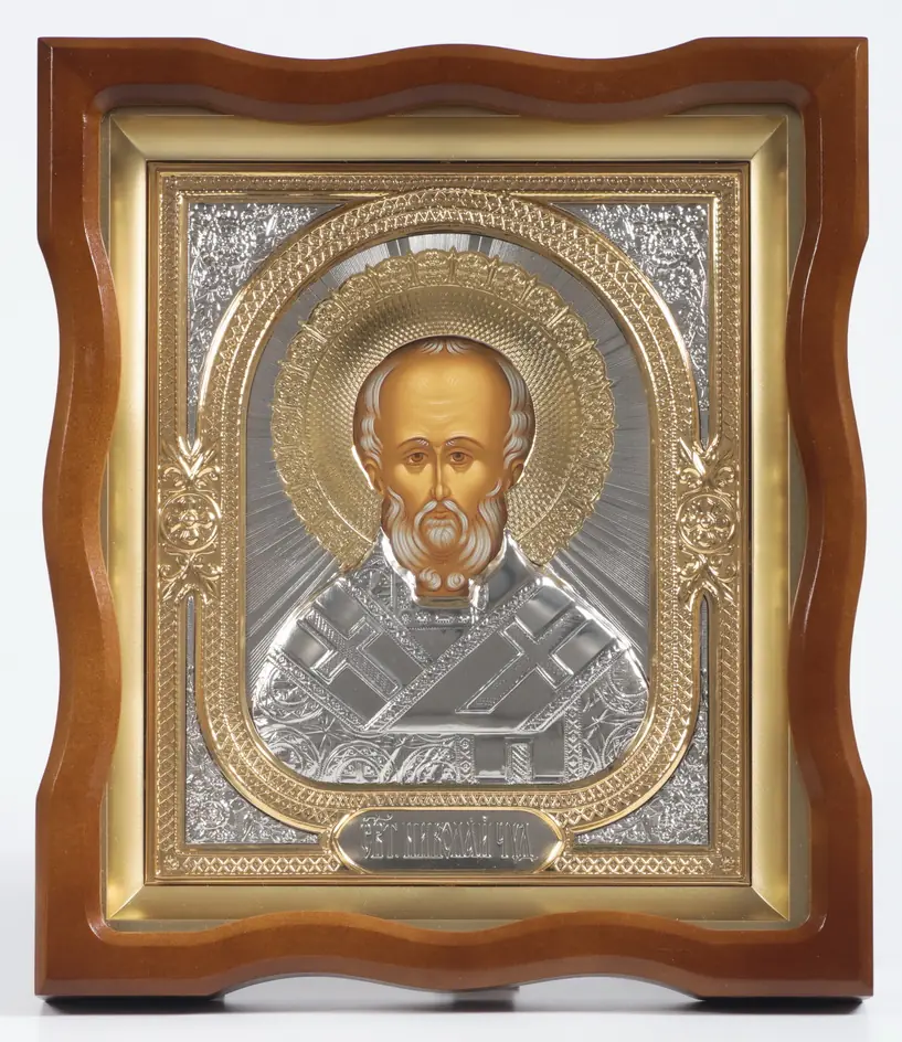 Icon in icon case 18×24 shaped №4 tempera, 3D riza, nickel, gilding Nicholas the Wonderworker