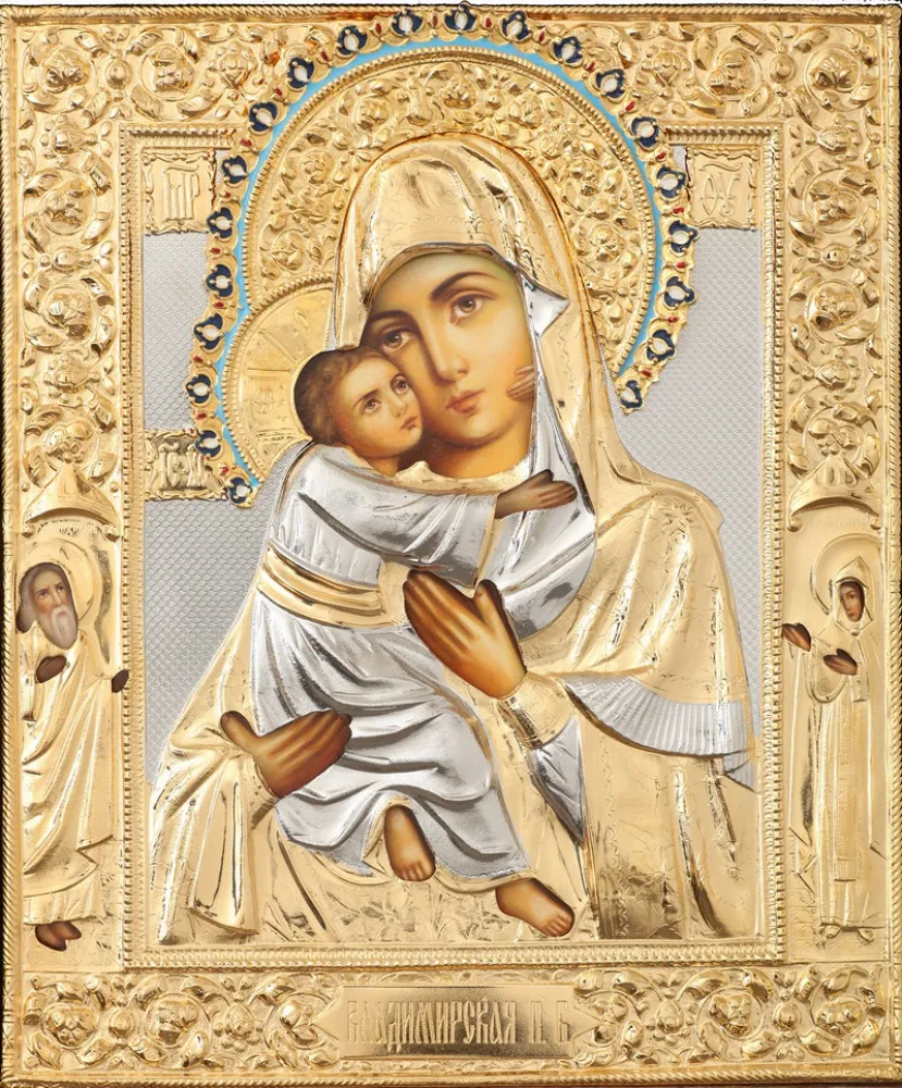 Painted icon of the Mother of God «Vladimir» 24×30, oil, riza cover №18, enamel, gilding