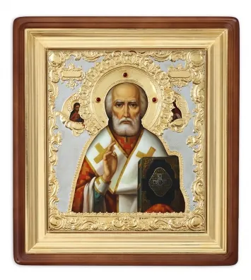 Painted icon in icon case 40×45 oil, riza cover №302, stones, icon case №1 Nicholas the Wonderworker