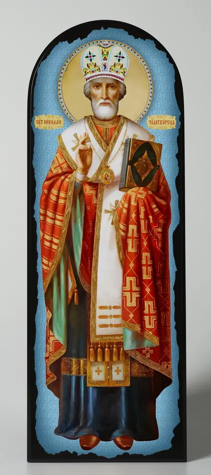 Icon on MDF 18×50 arched, 3D print, varnish Nicholas the Wonderworker on light-blue background