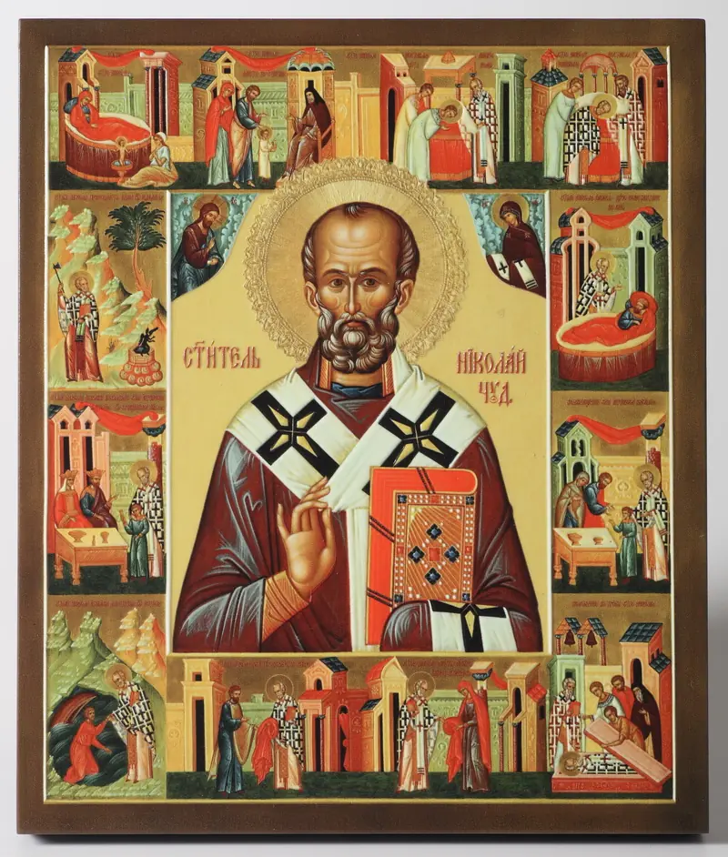 Icon on board 22×26 3D print, varnish Nicholas the Wonderworker with Life scenes