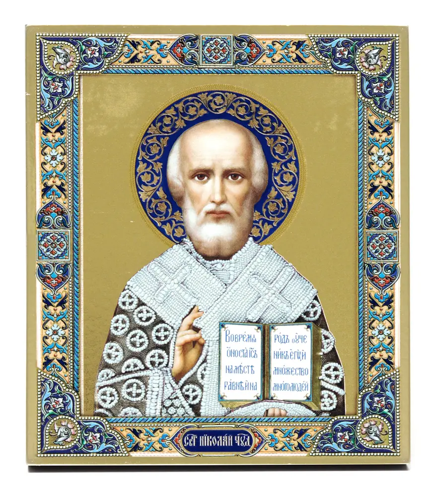 Icon on board 13×15 gilded finish, 3D print, varnish Nicholas the Wonderworker 5 (pearls)