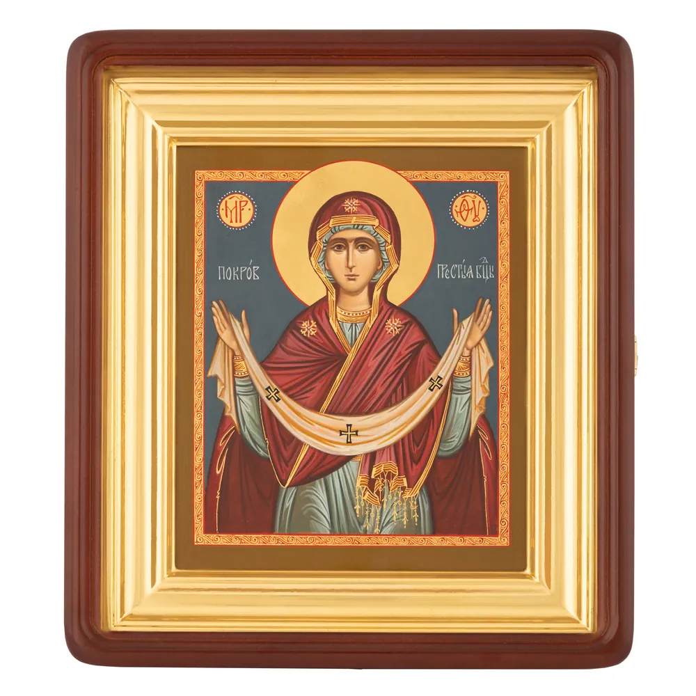 Painted icon on board in icon case 18×24 tempera, gilded halo, recessed field, icon case №1 Protection, 03061