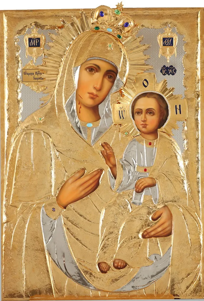 Painted icon of the Mother of God «Iveron» 60×90, oil, riza cover №143, gilding, rhinestones