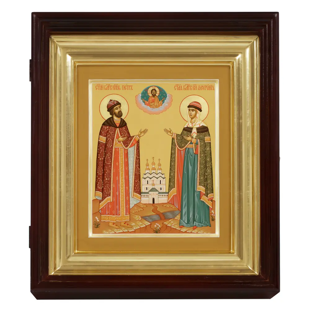 Painted icon on board in icon case 18×24 tempera, gilded halo, recessed field, icon case №1 Peter and Fevronia, 05733