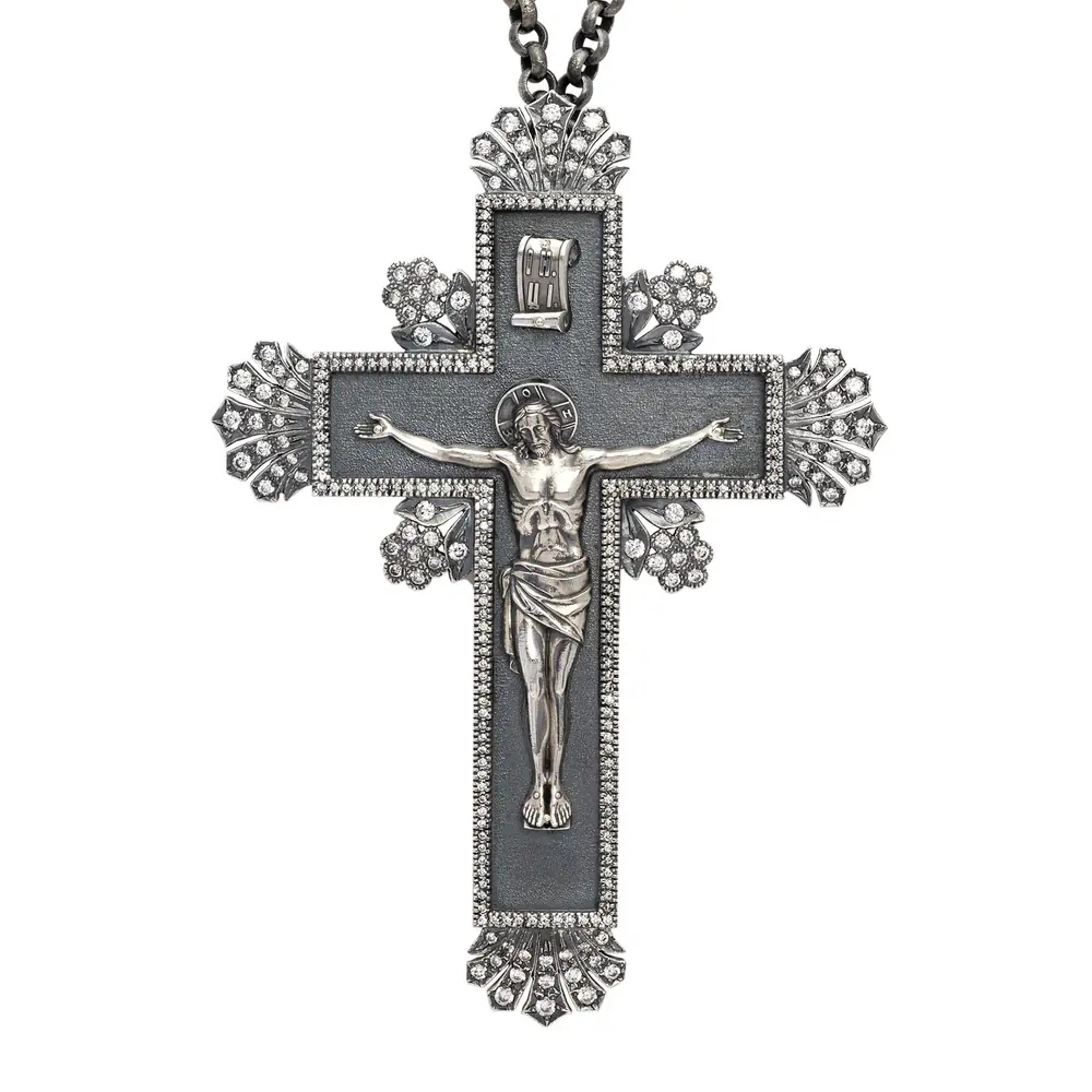 Pectoral cross №223 / cubic zirconia cast Crucifixion silver