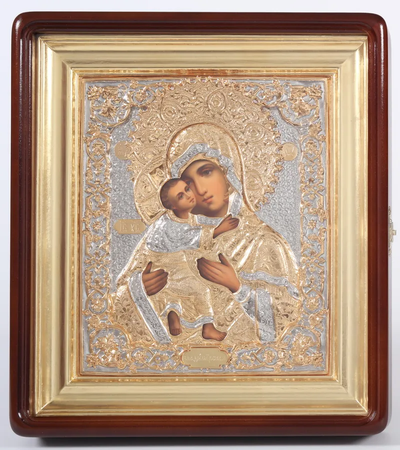 Painted icon in icon case 22×26 oil, riza cover №250, icon case №1 Vladimir Mother of God