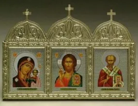 Icon in plastic frame 4,5×12 triple with adhesive tape brass-plated Kazan-Saviour-Nicholas the Wonderworker