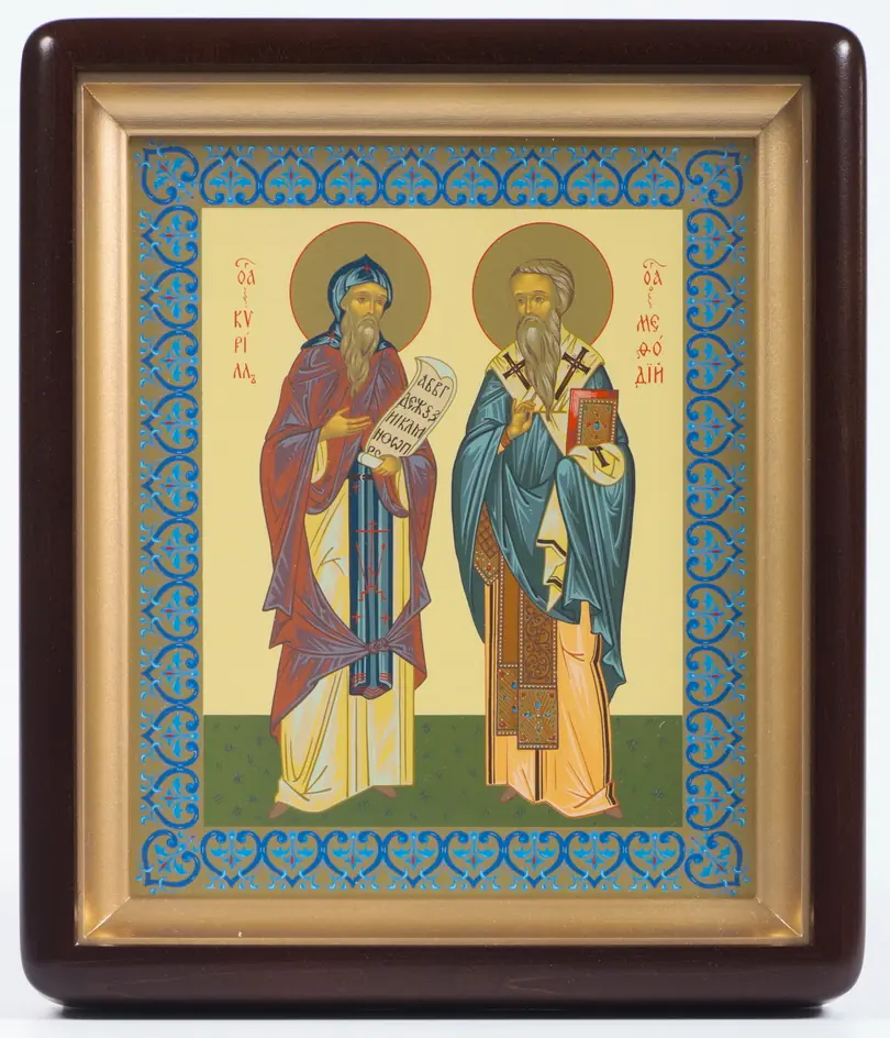 Icon in icon case 18×24 shaped, tempera Cyril and Methodius