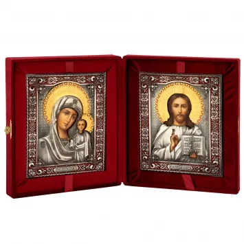 Painted folding icons in case 18×24 oil, riza covers №241, №242 niello silver plating, enamel (velvet) Saviour-Kazan Mother of God