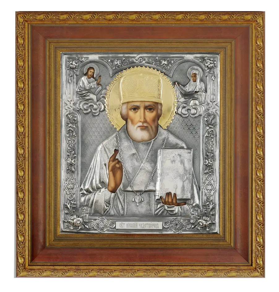 Painted icon in icon case 24×30 oil, riza cover №111, niello silver plating, icon case №22 Nicholas the Wonderworker