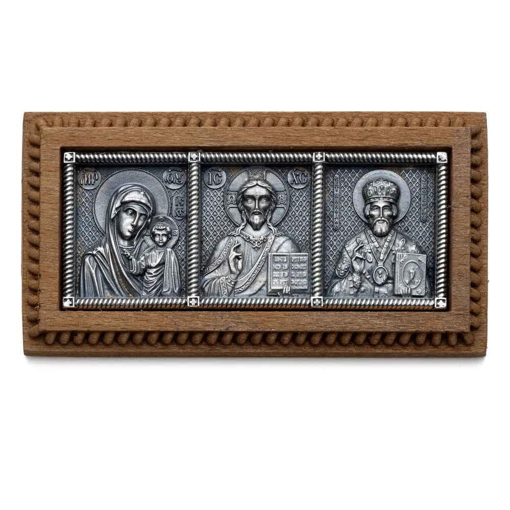 Car icon №3 / silver plating / wooden insert Kazan Mother of God-Saviour-Nicholas the Wonderworker