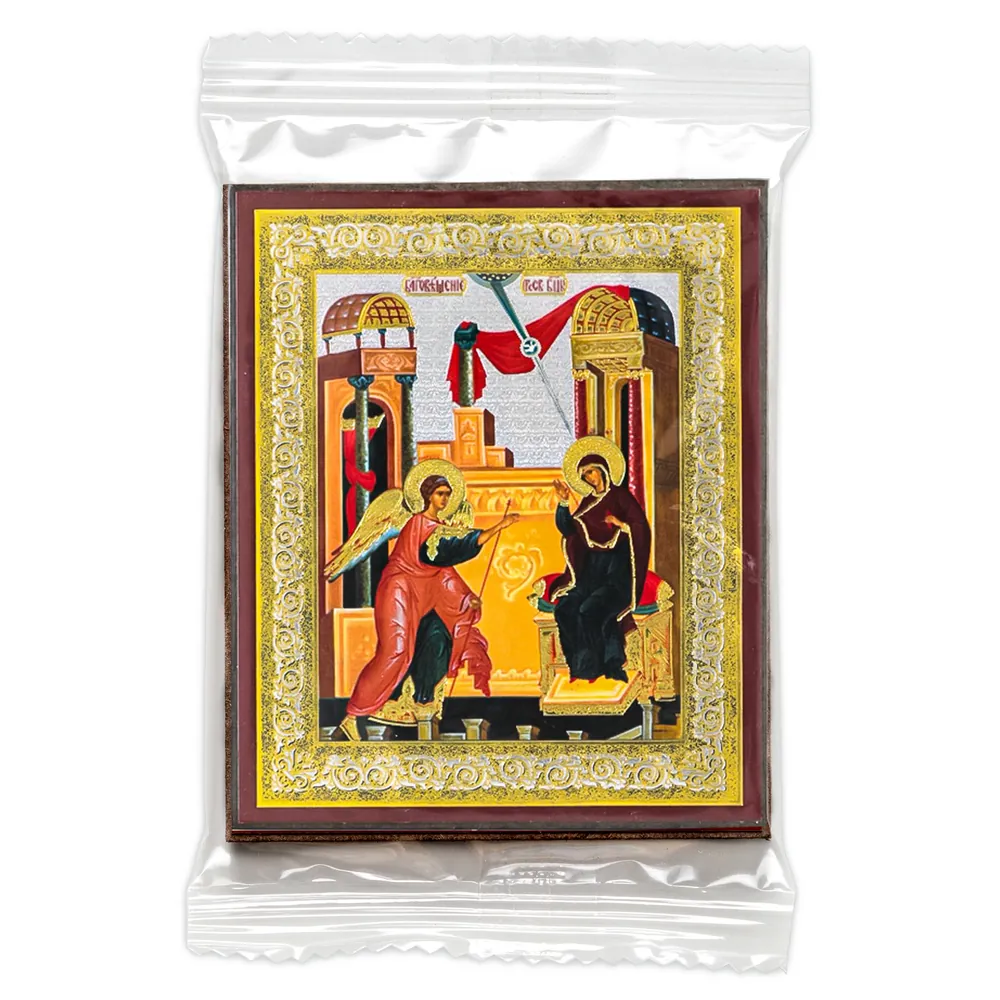 Icon on wooden panel 6×9 double embossing, annotation, packaging Annunciation