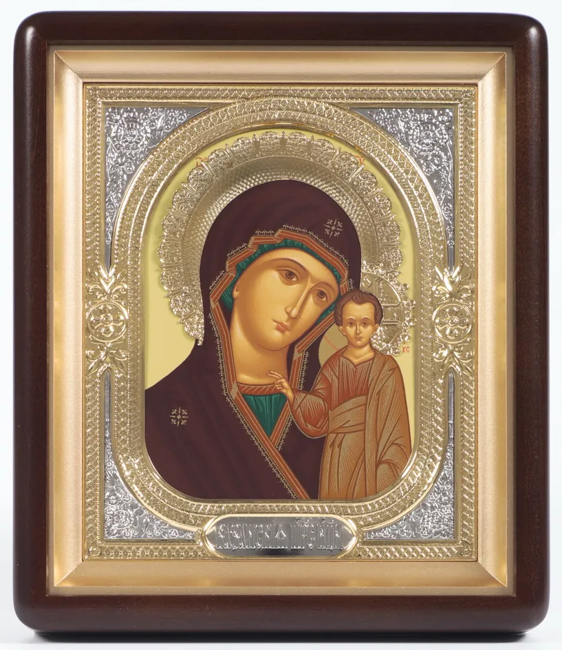 ხატი კიოტში 18×24 ფიგურული, ტემპერა, გვირგვინი, მოცულობითი მოჭედილობა-ჩარჩო, ღია, მოოქროვება ყაზანის ღვთისმშობელი