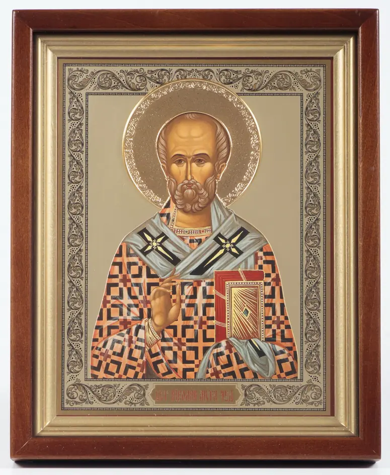 Icon in icon case 22×26 complex, triple embossing, halo crown gilded Nicholas the Wonderworker