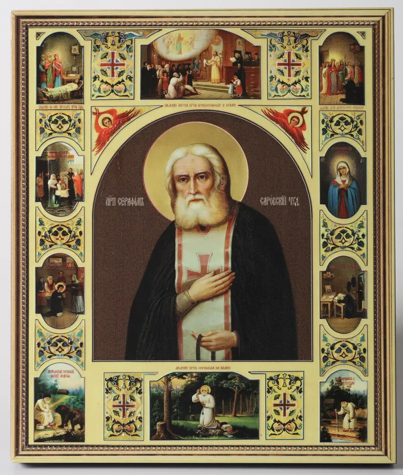 Icon on board 22×26 3D print, varnish Seraphim of Sarov with Life scenes