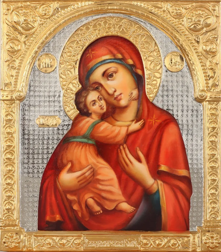 Painted icon of the Mother of God «Vladimir» 24×30, oil, riza cover №46, gilding