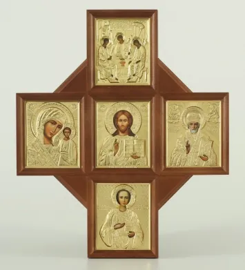 Icon in icon case 11×13 multi-image, 5 icons, riza cover Trinity Saviour Kazan Nicholas the Wonderworker Panteleimon