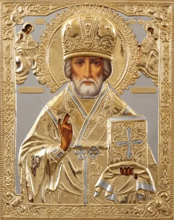 Painted icon of St Nicholas the Wonderworker 40×50, oil, riza cover №62, gilding