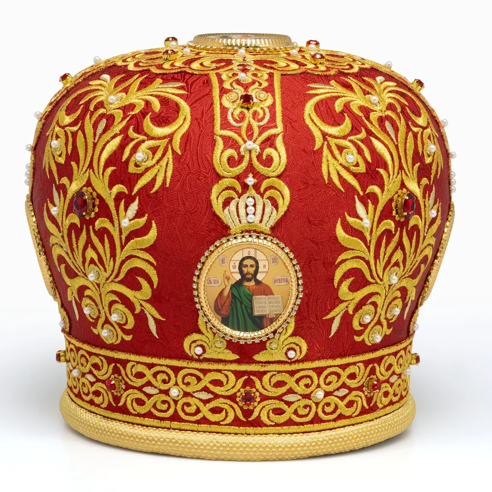 Митра №166 глазет, вышивка а / м, стразовые дорожки, жемчуг, юв.камни, 5 фоторамок, в футляре(п)