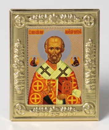 Icon in metal frame 4×5 embossing, on adhesive tape Nicholas the Wonderworker