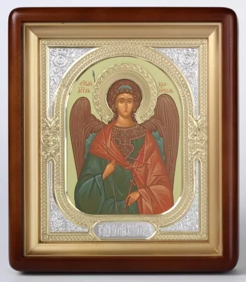 Icon in icon case 18×24 shaped, tempera, halo crown, riza frame №1 Guardian Angel